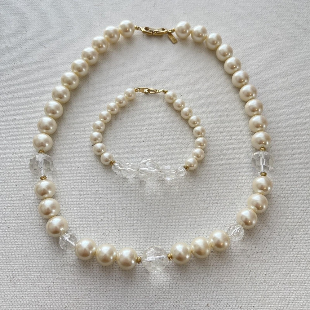 Vintage Marvella Faux Pearl Faceted Lucite Bead Necklace & Bracelet Set